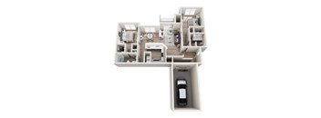 A top down view of a house with a car in the garage.