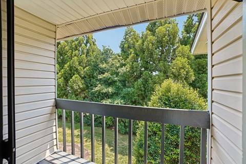 A balcony with a metal railing overlooks a lush green yard.
