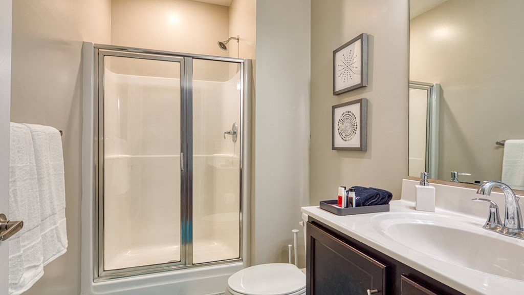 a bathroom with a shower and a sink and a mirror