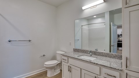 A white bathroom with a toilet, sink, and mirror at Allure at Edinburgh, Virginia, 23322