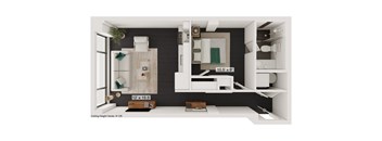 a sq. ft. apartment with black walls and white floors