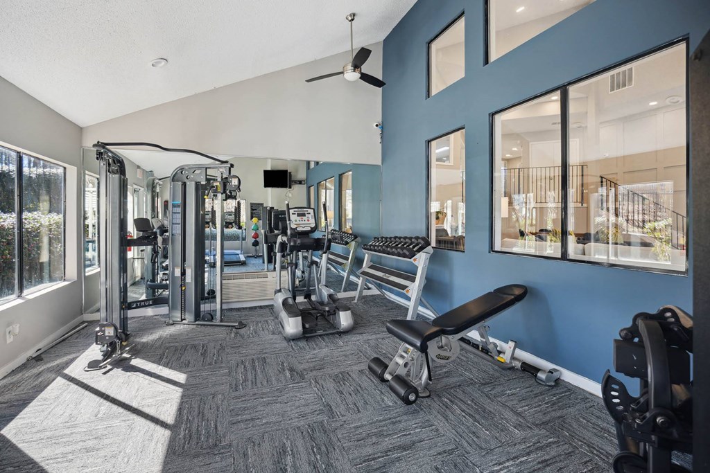 the residence apartments fitness center with exercise equipment and windows