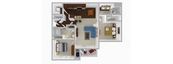 A top-down view of a house layout with a kitchen, living room, and bedrooms.