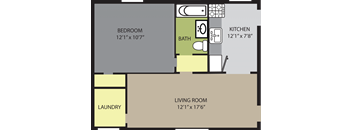 A floor plan shows a bedroom, a living room, a kitchen, and a laundry area.