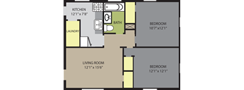 A floor plan of a small apartment with a living room, kitchen, bathroom, and two bedrooms.