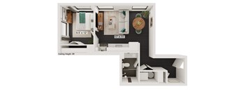a bedroom with a bed and a chair in a room
