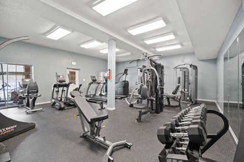 A gym with a variety of equipment including treadmills, weights, and exercise machines.