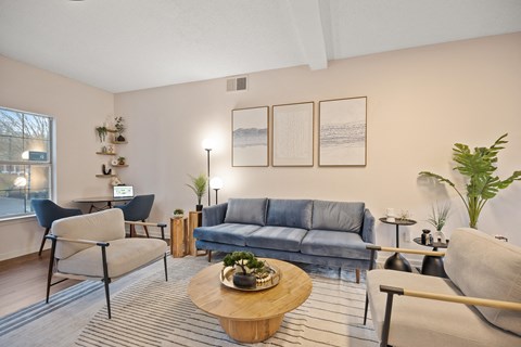 A living room with a grey sofa, a wooden coffee table, and a blue chair.