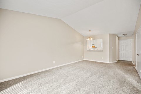 A large, empty room with a carpeted floor and a chandelier hanging from the ceiling.