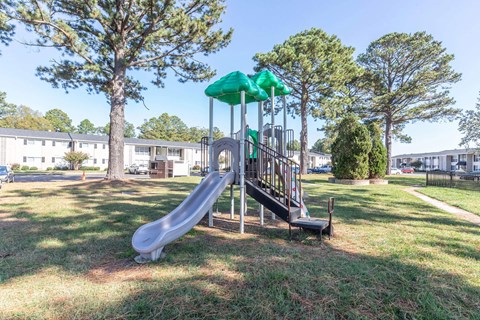A playground with a green slide and a red slide.