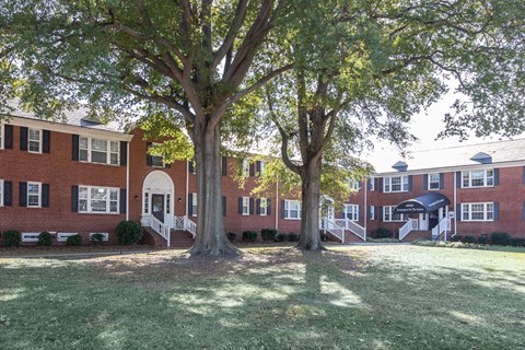A tree in front of a red brick building.