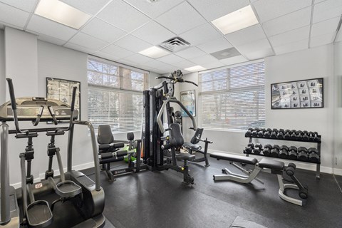 A well-equipped gym with various exercise machines and weights.