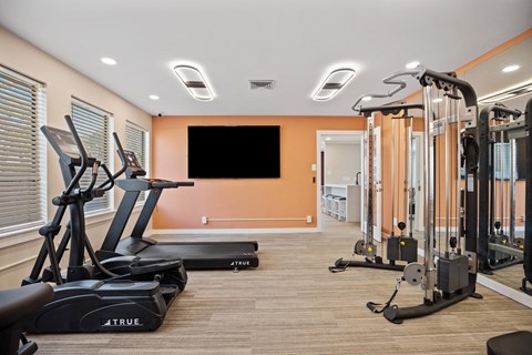 A gym with treadmills and exercise equipment.