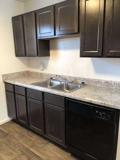 A kitchen with black cabinets and a granite countertop.