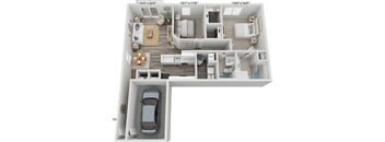 A 3D floor plan of a house with a car parked in the garage.