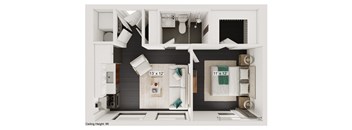 a bedroom with a bed and a chair in a small room