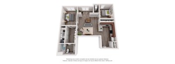 A 3D floor plan of a house with a kitchen, living room, and two bedrooms.