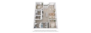 A white 3D floor plan of a small apartment with a kitchen, living room, and bathroom.