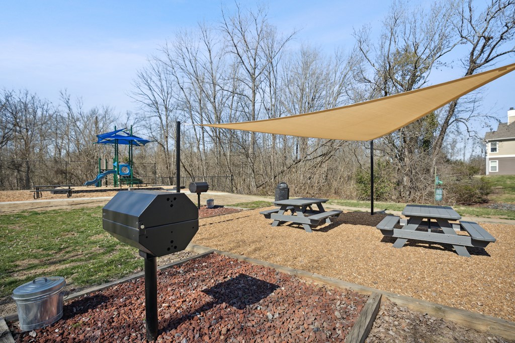 a picnic area with picnic tables and a grill