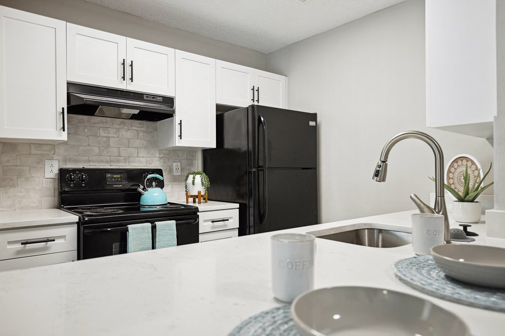 a kitchen with white cabinets and a sink and black refrigerator