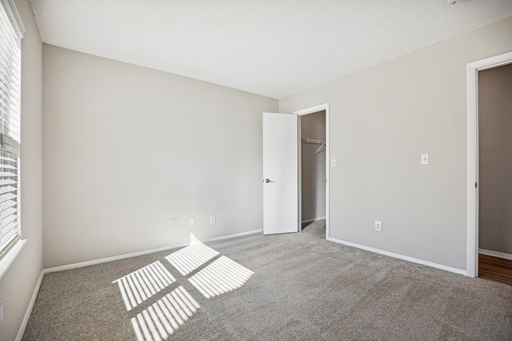 an empty room with carpet and a door to a closet