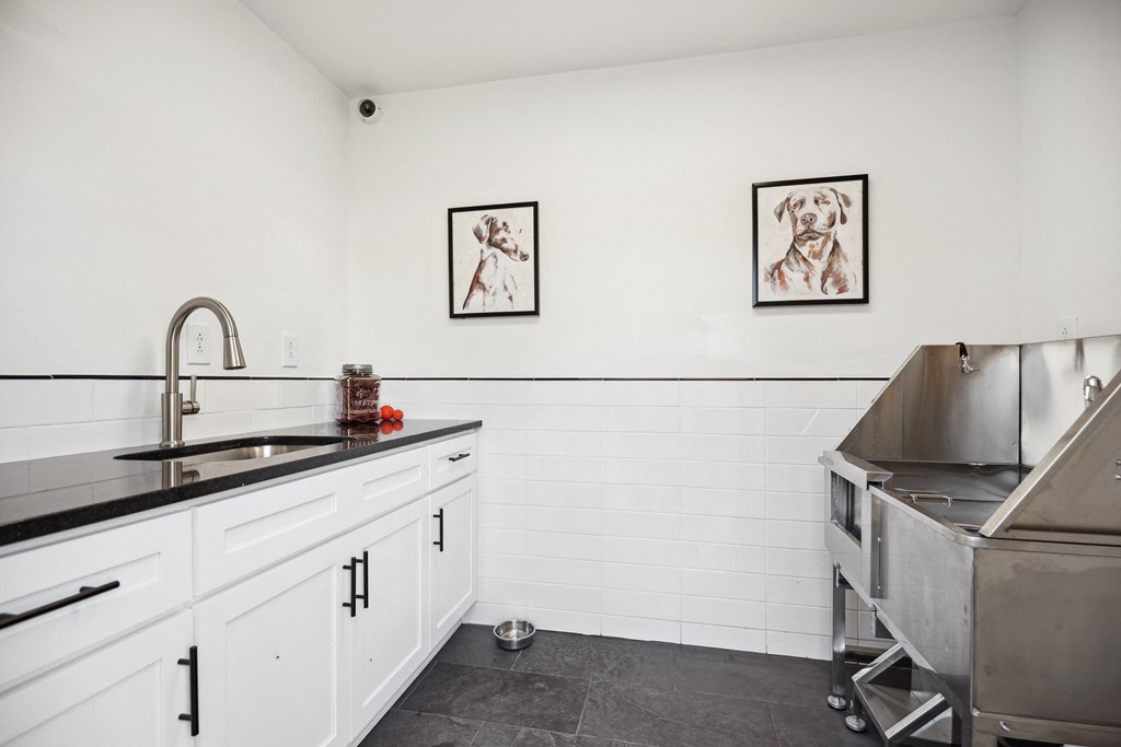a kitchen with white cabinets and a stainless steel counter top and a sink