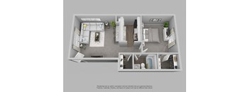 A 3D rendered image of a modern apartment layout.
