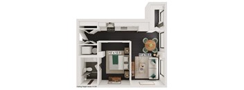 a floor plan of a small apartment with a teddy bear hanging on the wall