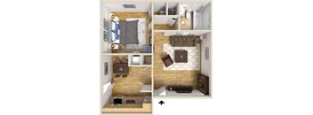 A 3D floor plan of a small apartment with a bedroom, living room, and kitchen.