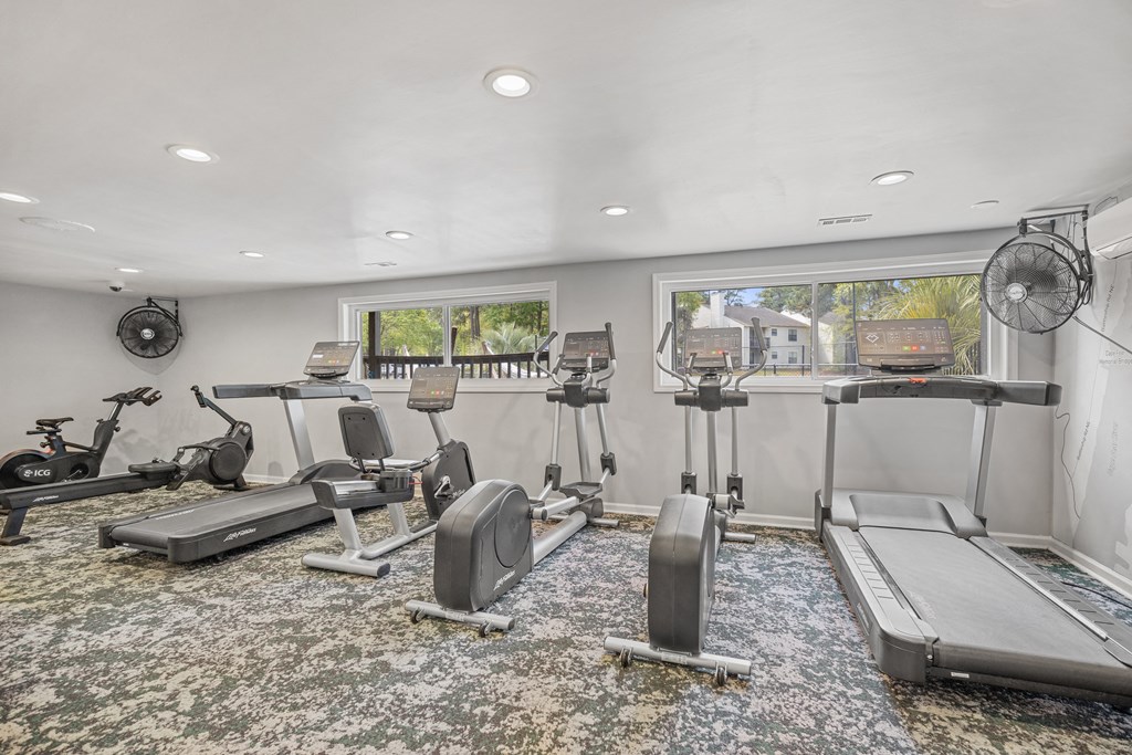 a gym with treadmills and exercise bikes in a room with a window