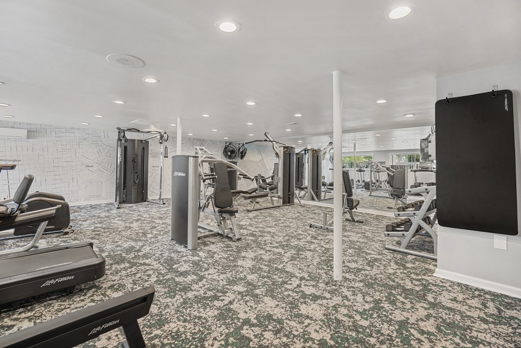 a gym with weights and cardio machines and a tv