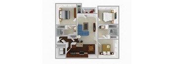 A 3D floor plan of a small apartment with a kitchen, living room, and bedroom.