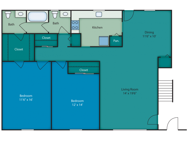 Two bedroom floor Plan  at Chateau Terrace Apartments