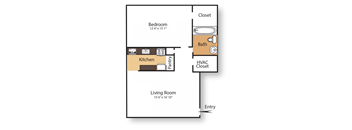 A floor plan of a small apartment with a bedroom, kitchen, and living room.