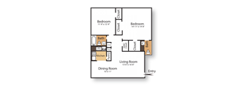 A floor plan of a living space with a kitchen, dining room, and three bedrooms.