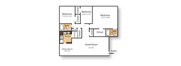 A floor plan of a house with three bedrooms, a kitchen, a pantry, a linen closet, a bathroom, a dining room, and a great room.