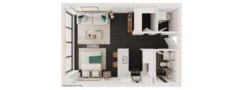 a bedroom with a bed and a chair in a room