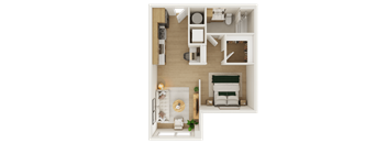 A top-down view of a modern living room with a fireplace and a dining area.