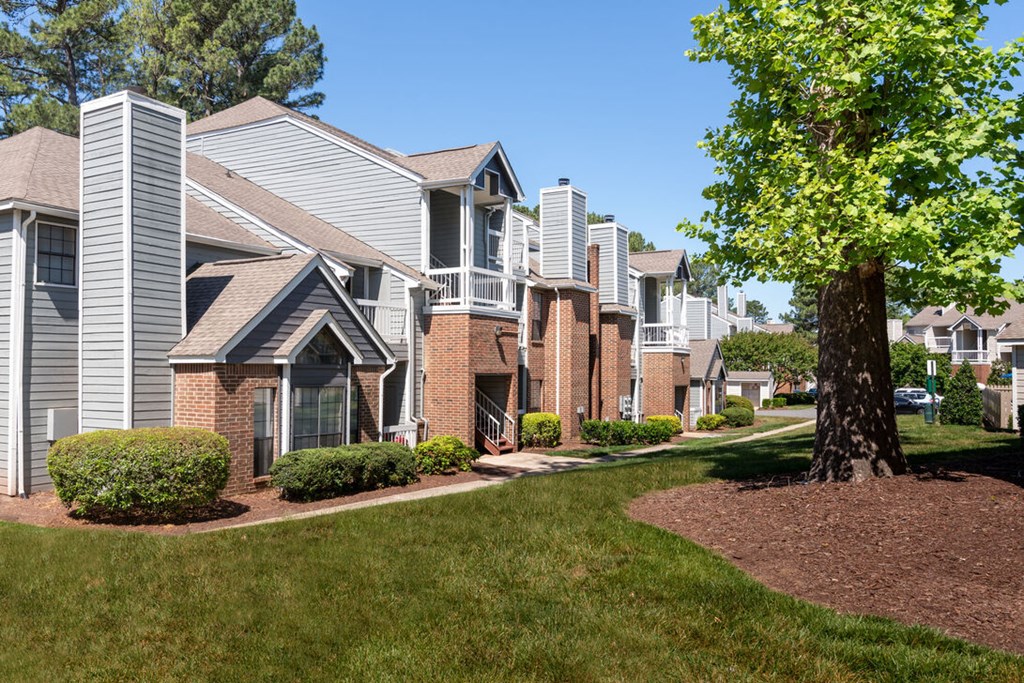 A tree is in the front yard of a house.