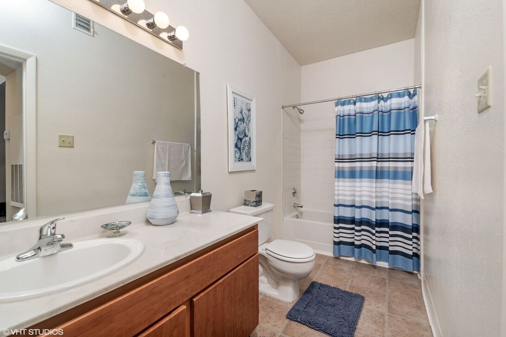 A bathroom with a blue and white shower curtain.