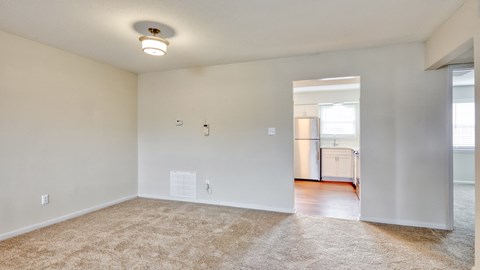 A room with a carpeted floor and a doorway leading to another room.