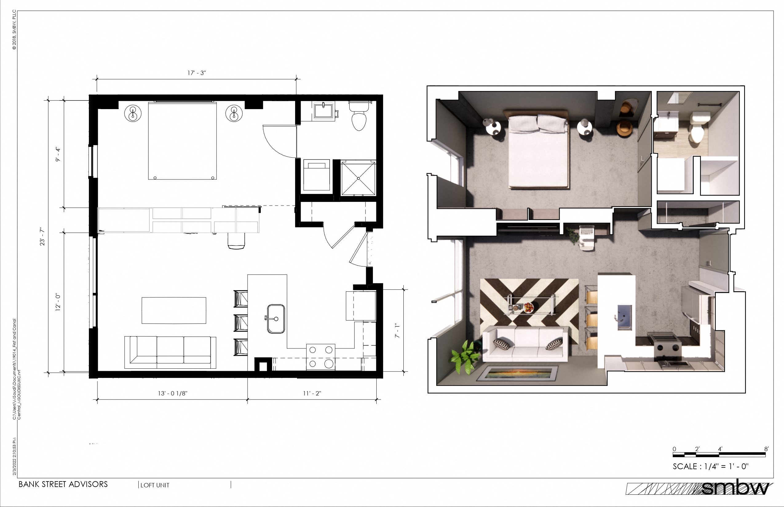 a floor plan of a house with a bedroom and a living room