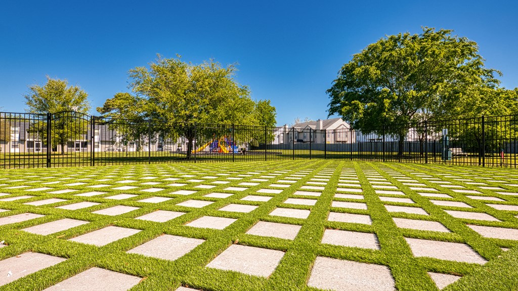 a grassy area with trees in the background and a black fence in the foreground
