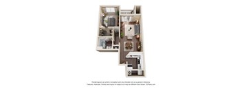 A 3D floor plan of a small apartment with two bedrooms, a living room, and a kitchen.