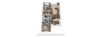 A 3D floor plan of a small apartment with a kitchen, living room, and bathroom.