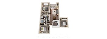 A 3D floor plan of a small apartment with a kitchen, living room, and bathroom.