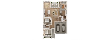 a floor plan of a 3 bedroom apartment with a wood floor