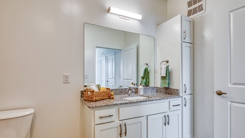 a bathroom with white cabinets and a sink and a mirror at Allure at Edinburgh, Chesapeake, VA, 23322