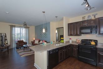 The living and kitchen areas at Proximity at ODU, Norfolk
