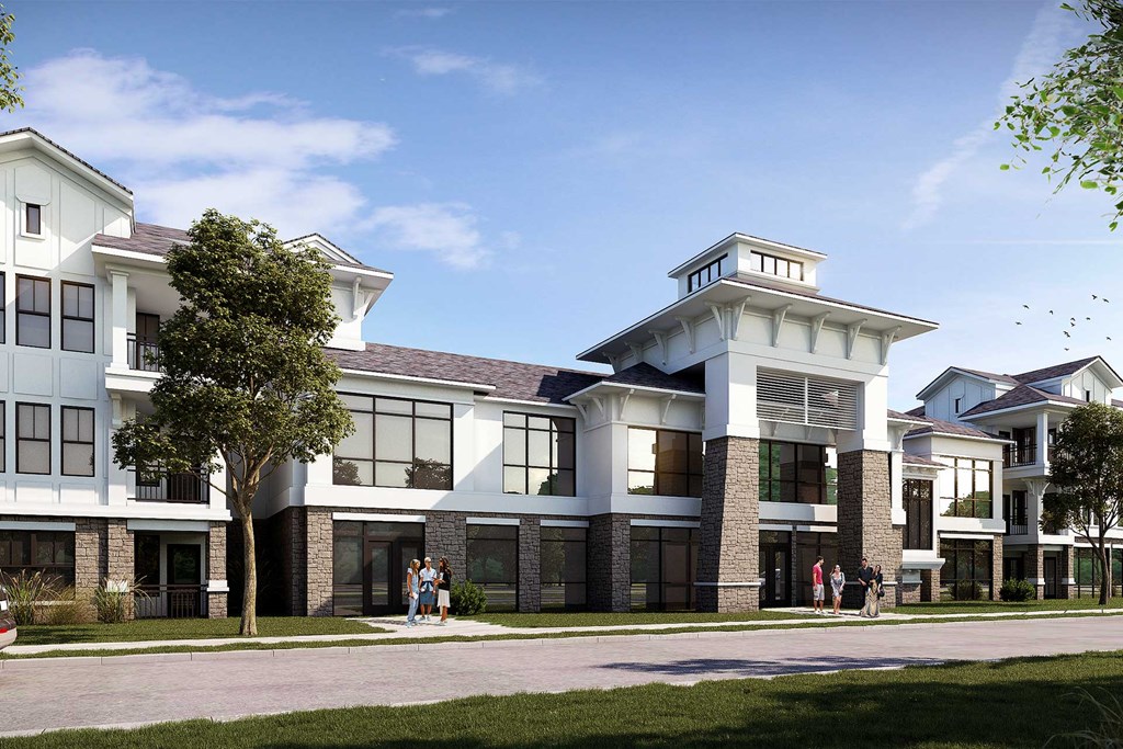 a rendering of an apartment building with people in front of it